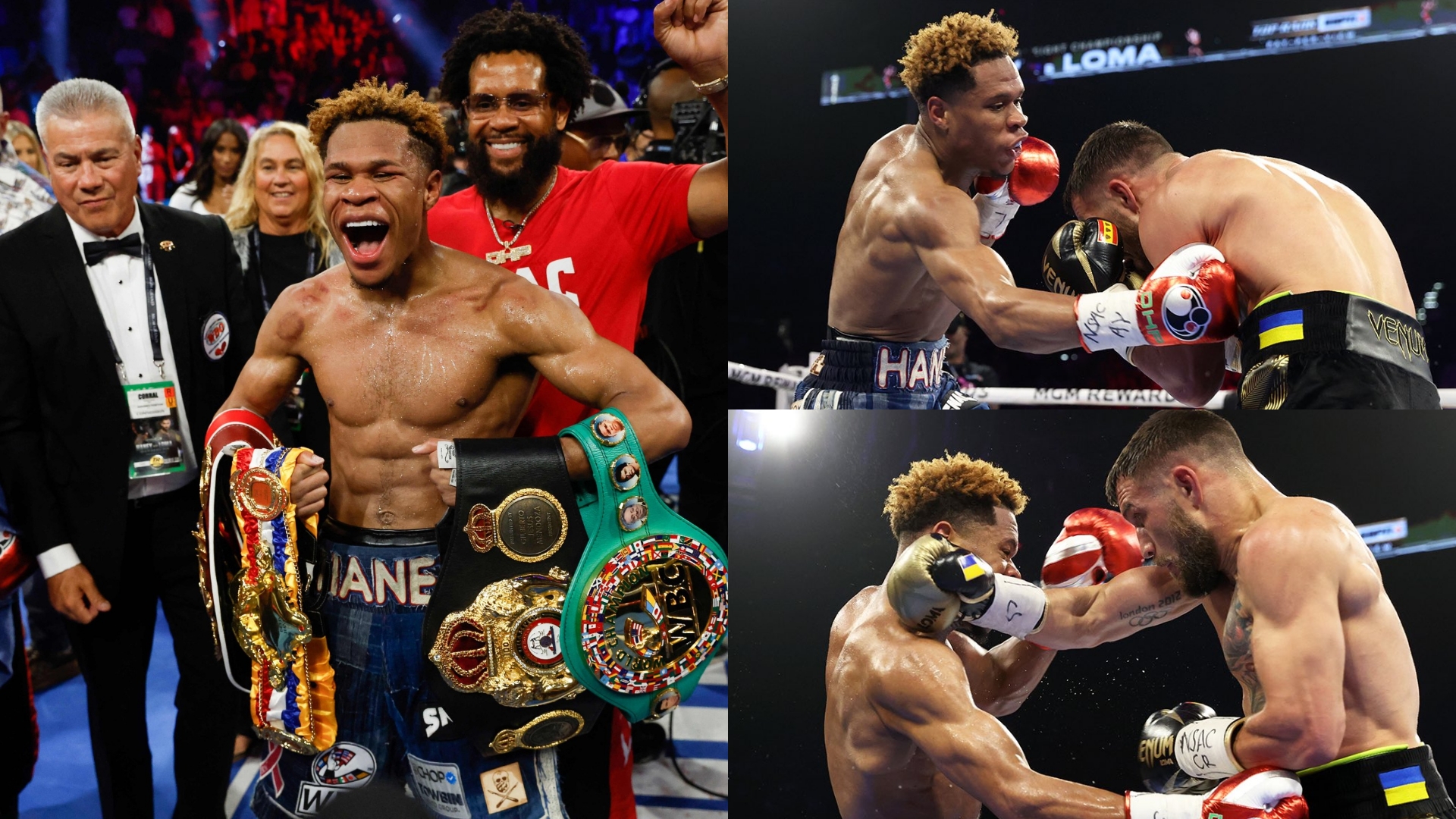 Devin Haney celebrates his win over Vasyl Lomachenko