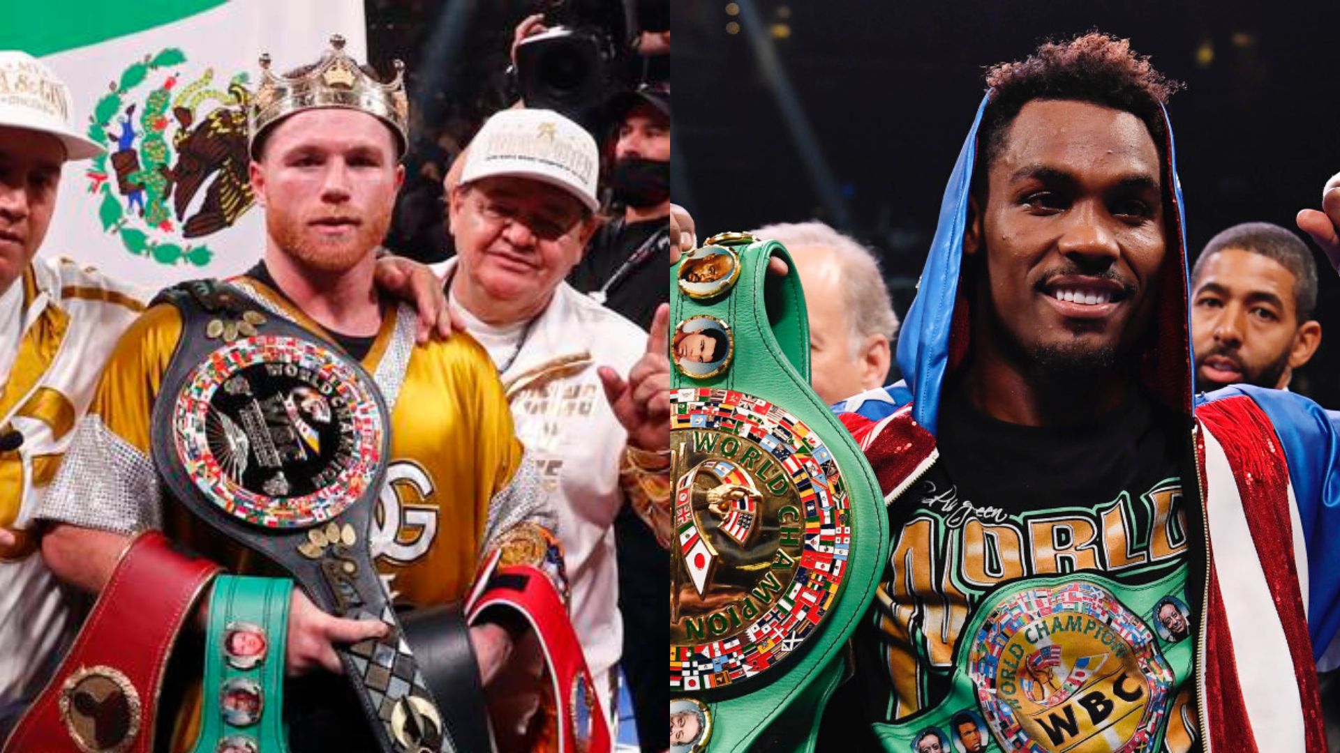 Canelo Alvarez celebrates his win and Jermall Charlo inside the ring 