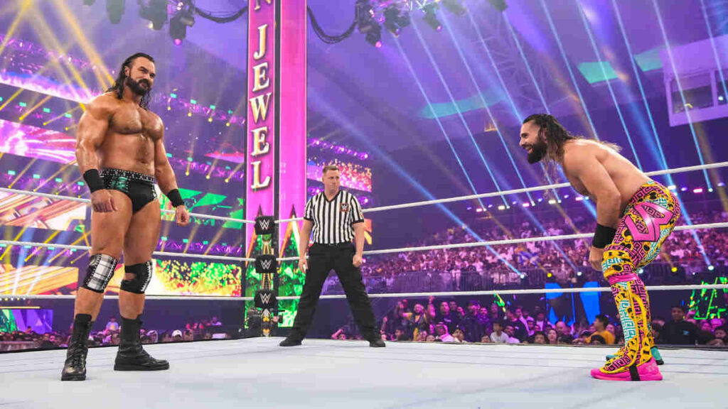Drew Mcyntire and Seth Rollins at Crown Jewel 2023