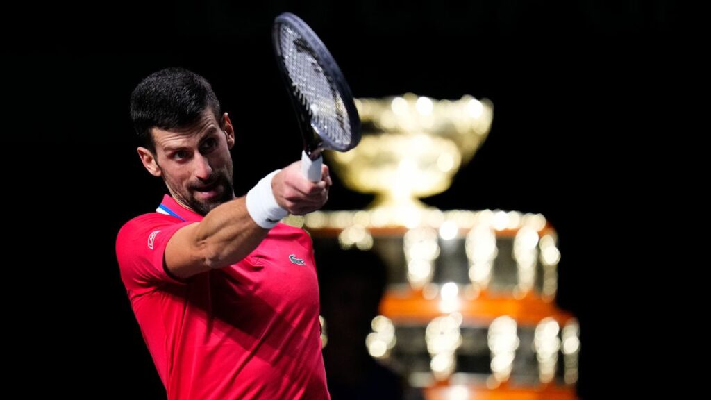 Novak Djokovic in action for Serbia vs Great Britain at the Davis Cup Finals