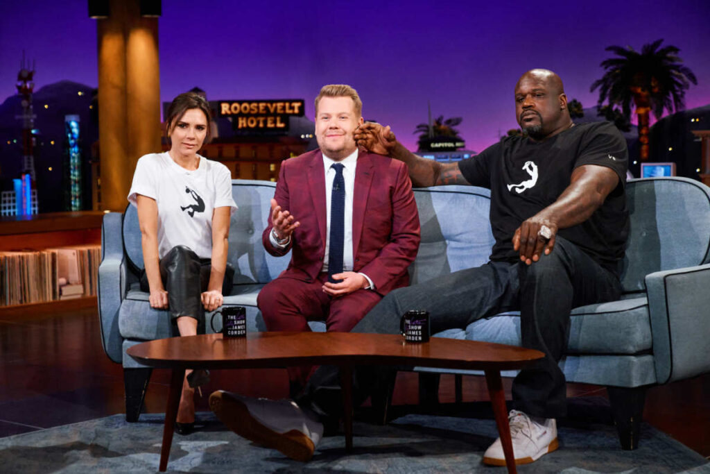 Shaq and Victoria Beckham with talk show host James Corden